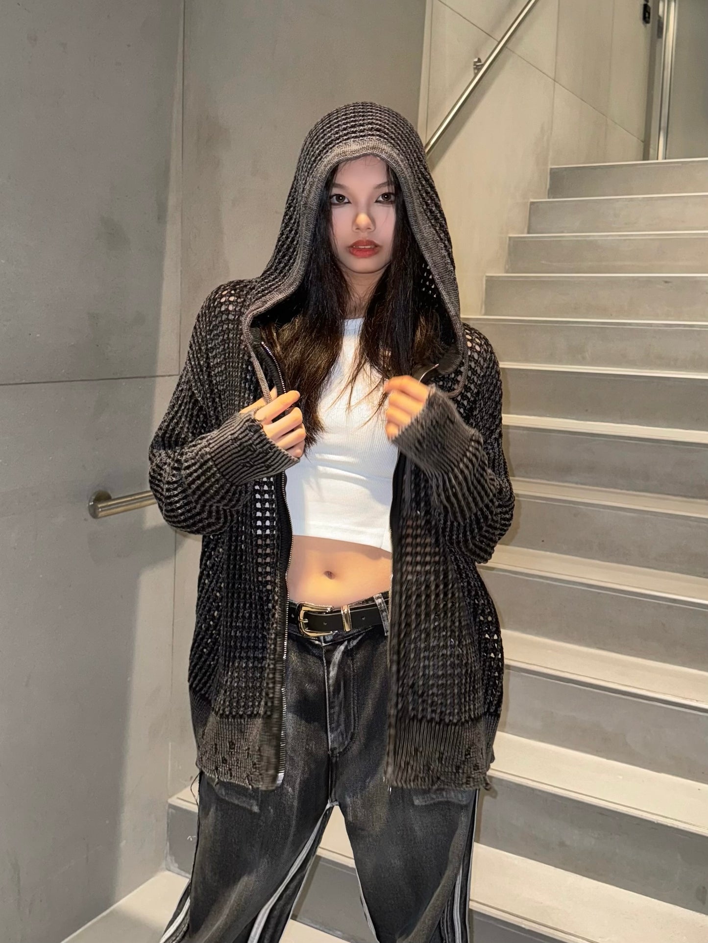 Damage washed Hole Knit Jacket