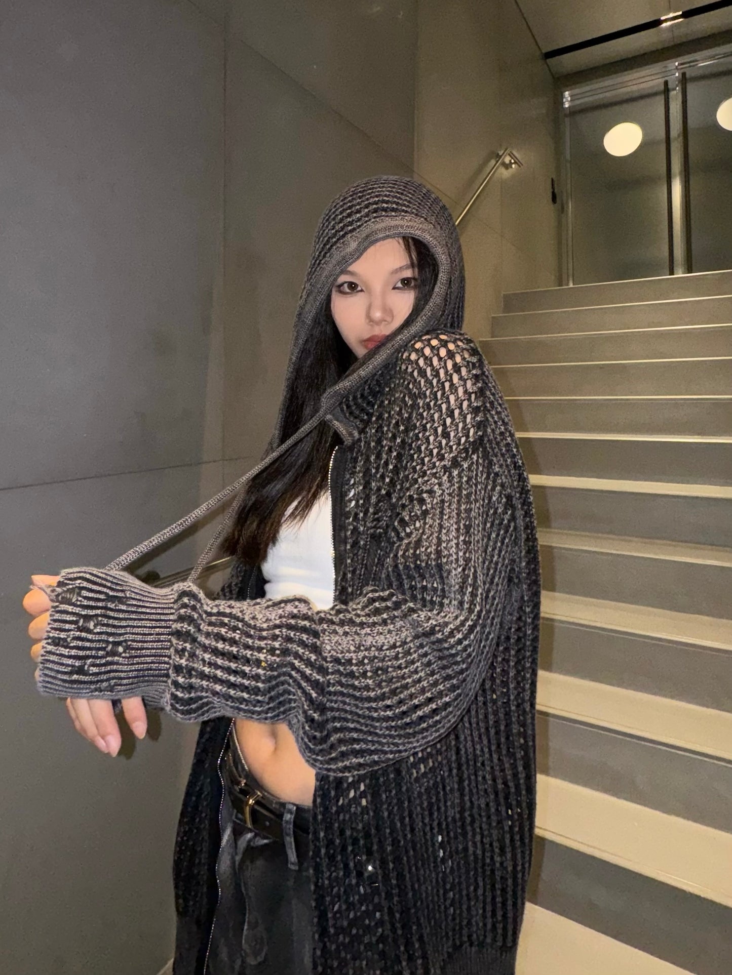 Damage washed Hole Knit Jacket