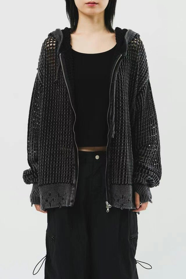 Damage washed Hole Knit Jacket