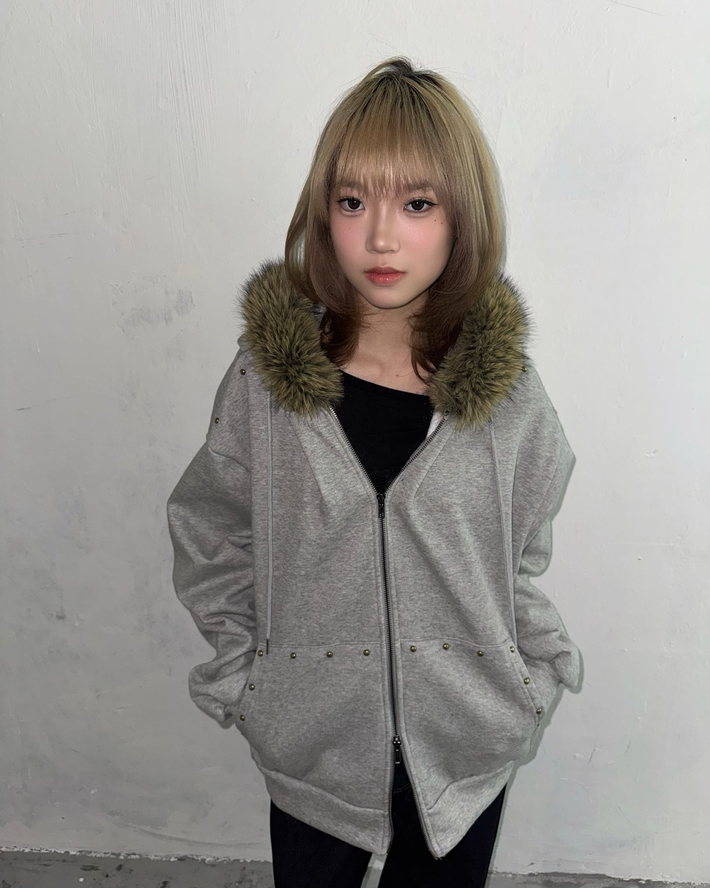 Faux Fur Studs Zip Hoodie