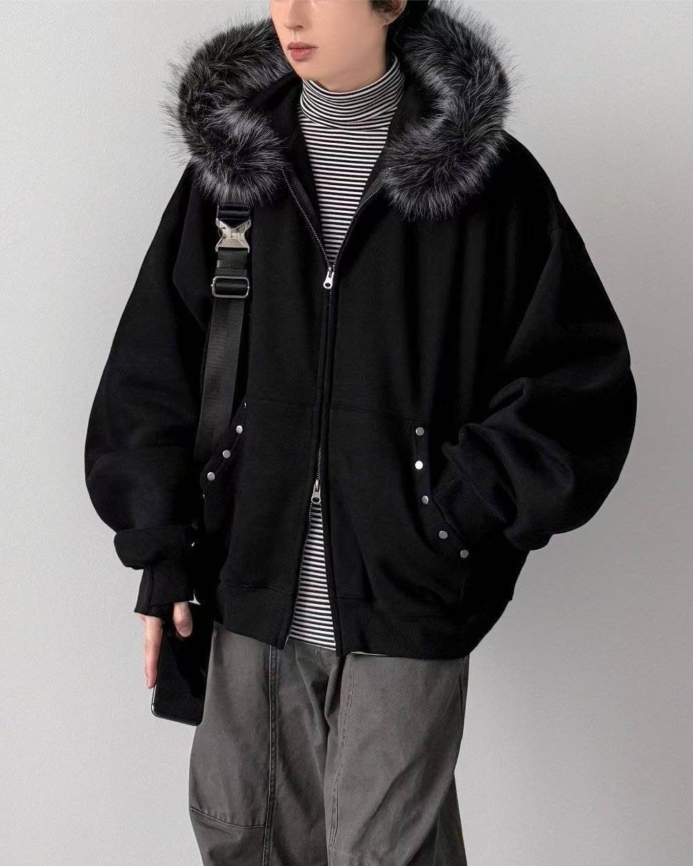 Black Faux Fur Zip Hoodie