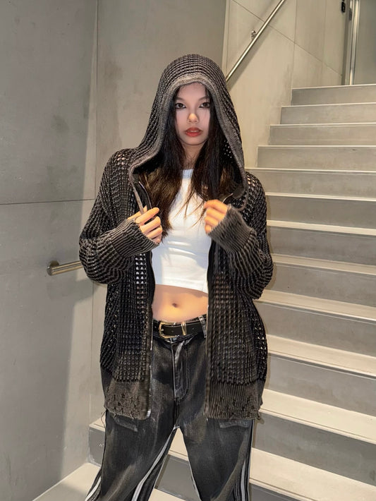 Damage washed Hole Knit Jacket