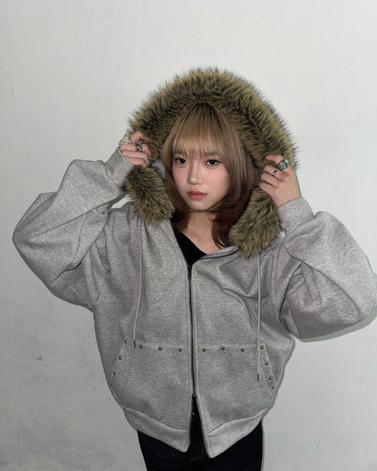 Faux Fur Studs Zip Hoodie
