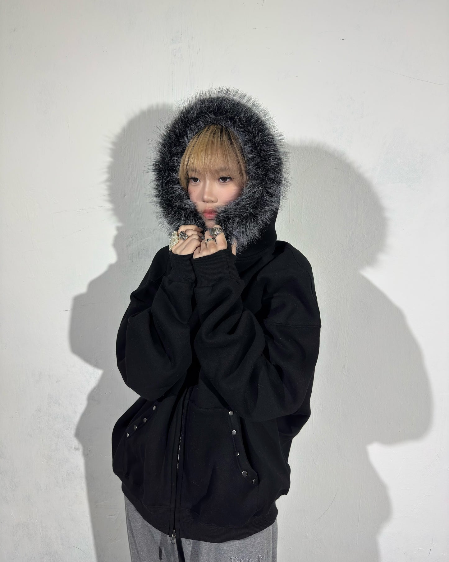Black Faux Fur Zip Hoodie