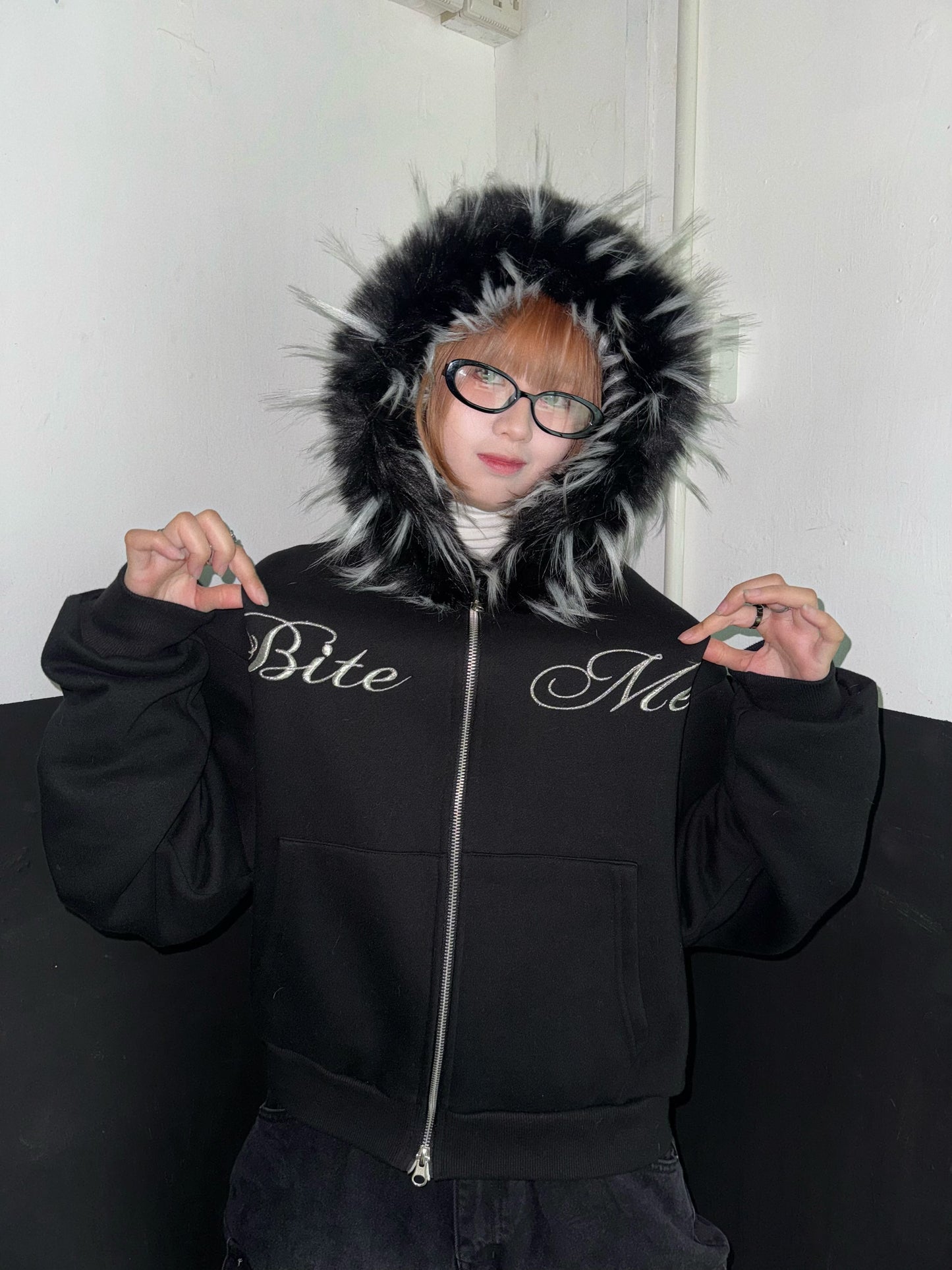 “Bite Me “Fur Zip Hoodie