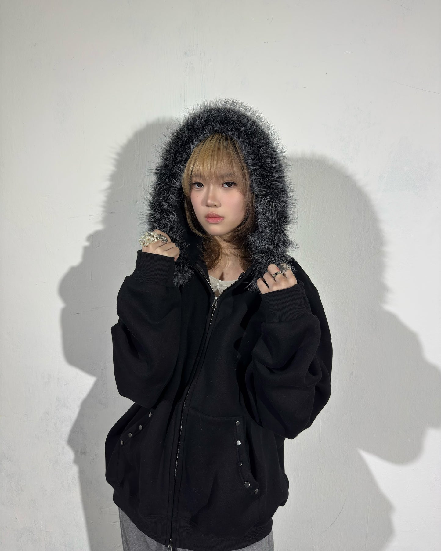 Black Faux Fur Zip Hoodie