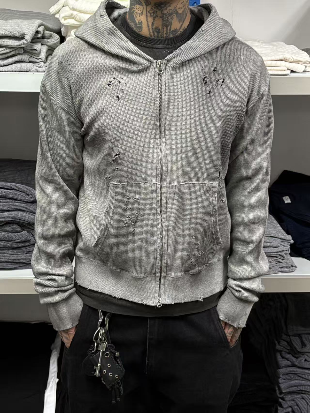 SS26 Dirty Destroy waffle Zip Hoodie