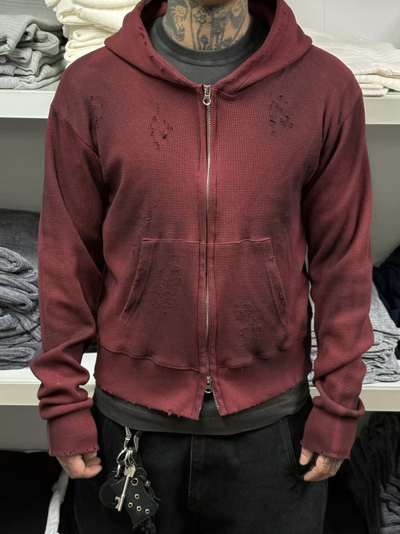 SS26 Dirty Destroy waffle Zip Hoodie