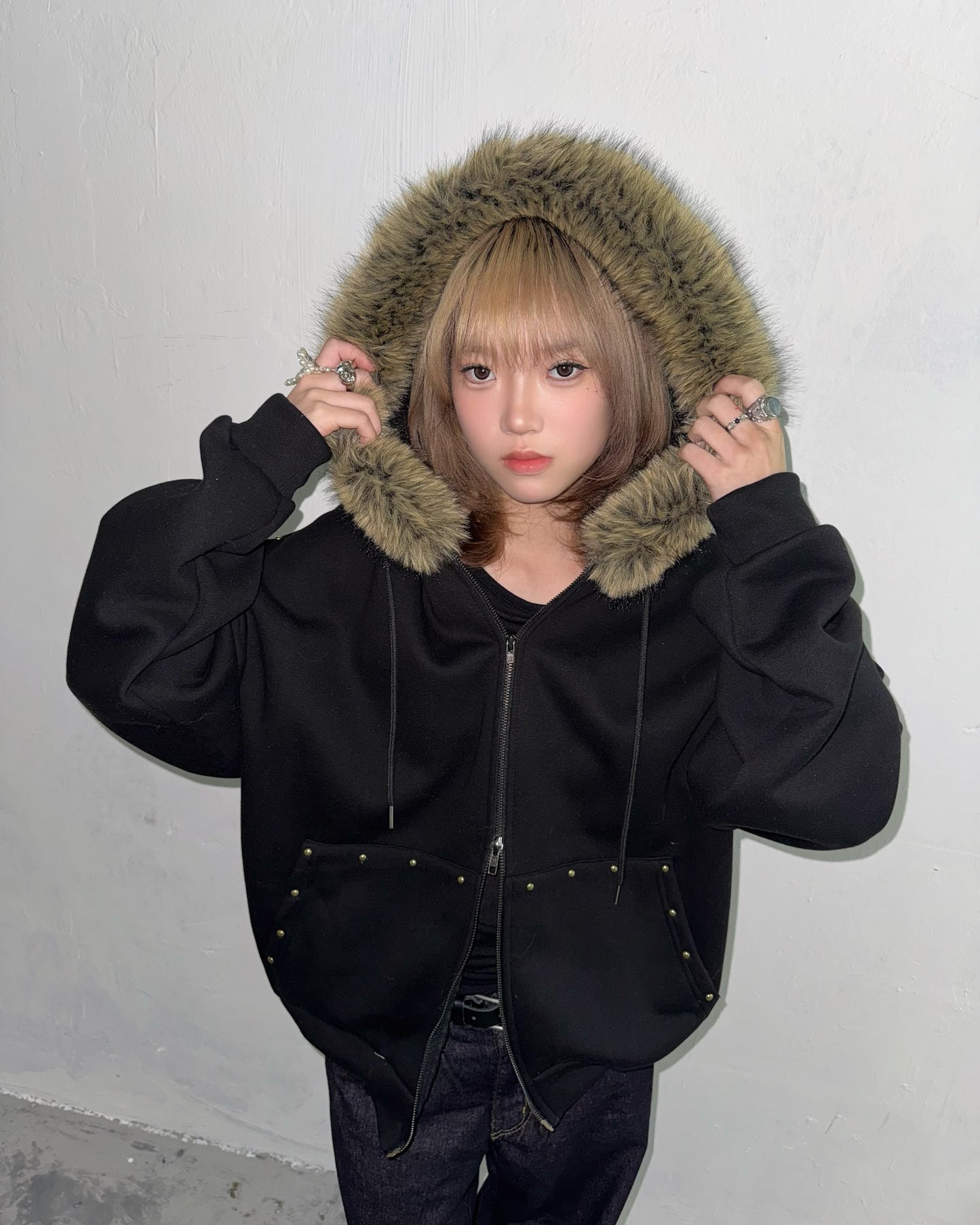 Faux Fur Studs Zip Hoodie