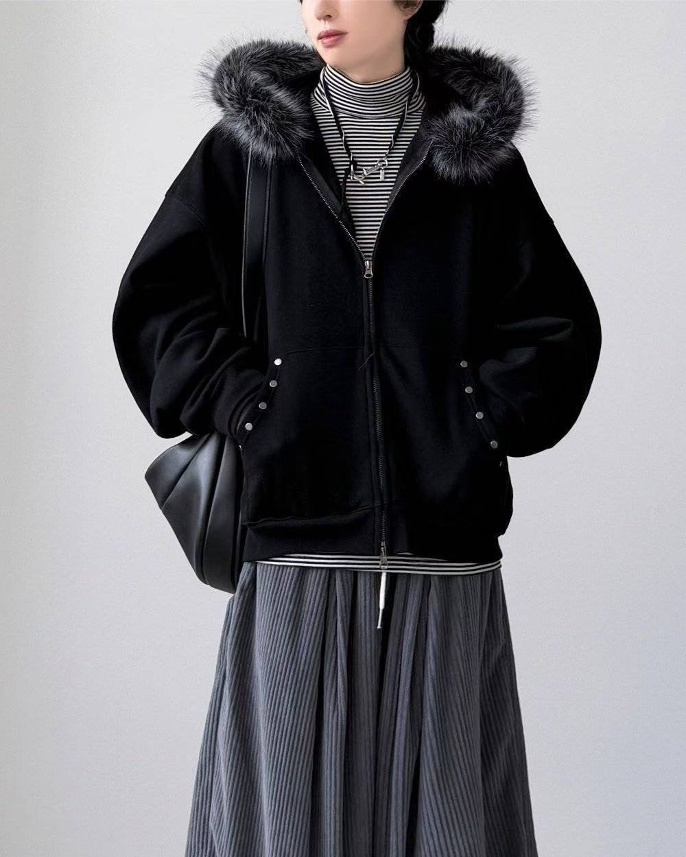 Black Faux Fur Zip Hoodie