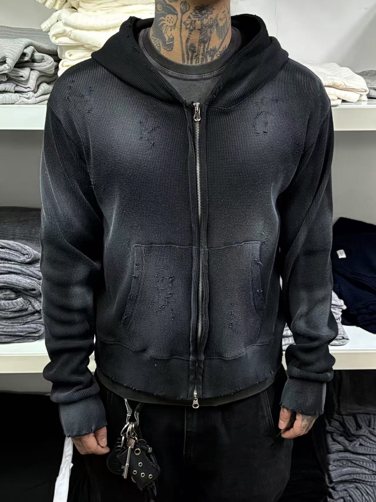 SS26 Dirty Destroy waffle Zip Hoodie