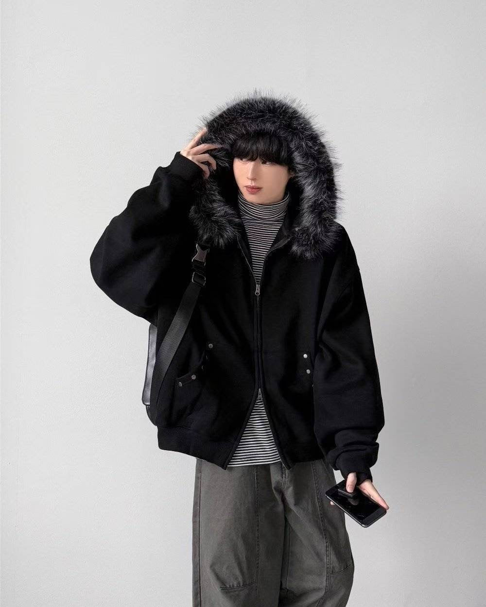 Black Faux Fur Zip Hoodie