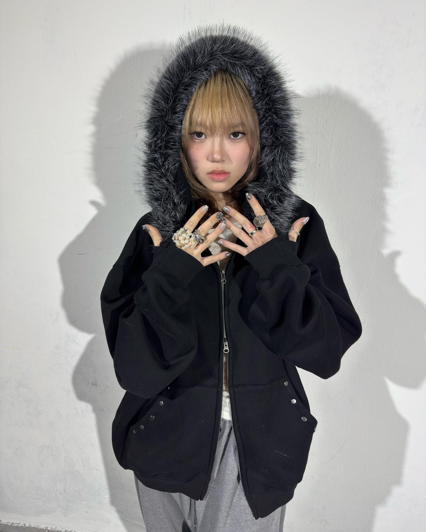Black Faux Fur Zip Hoodie