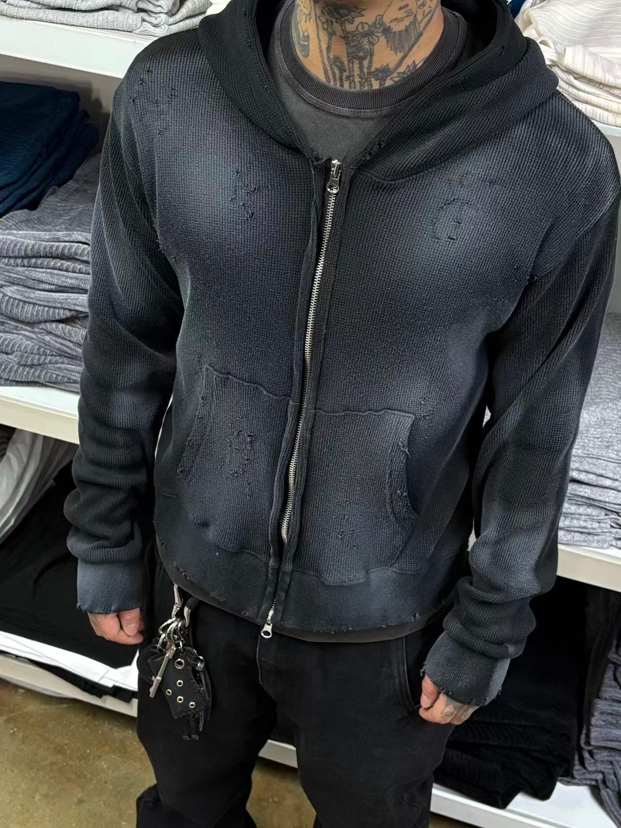 SS26 Dirty Destroy waffle Zip Hoodie
