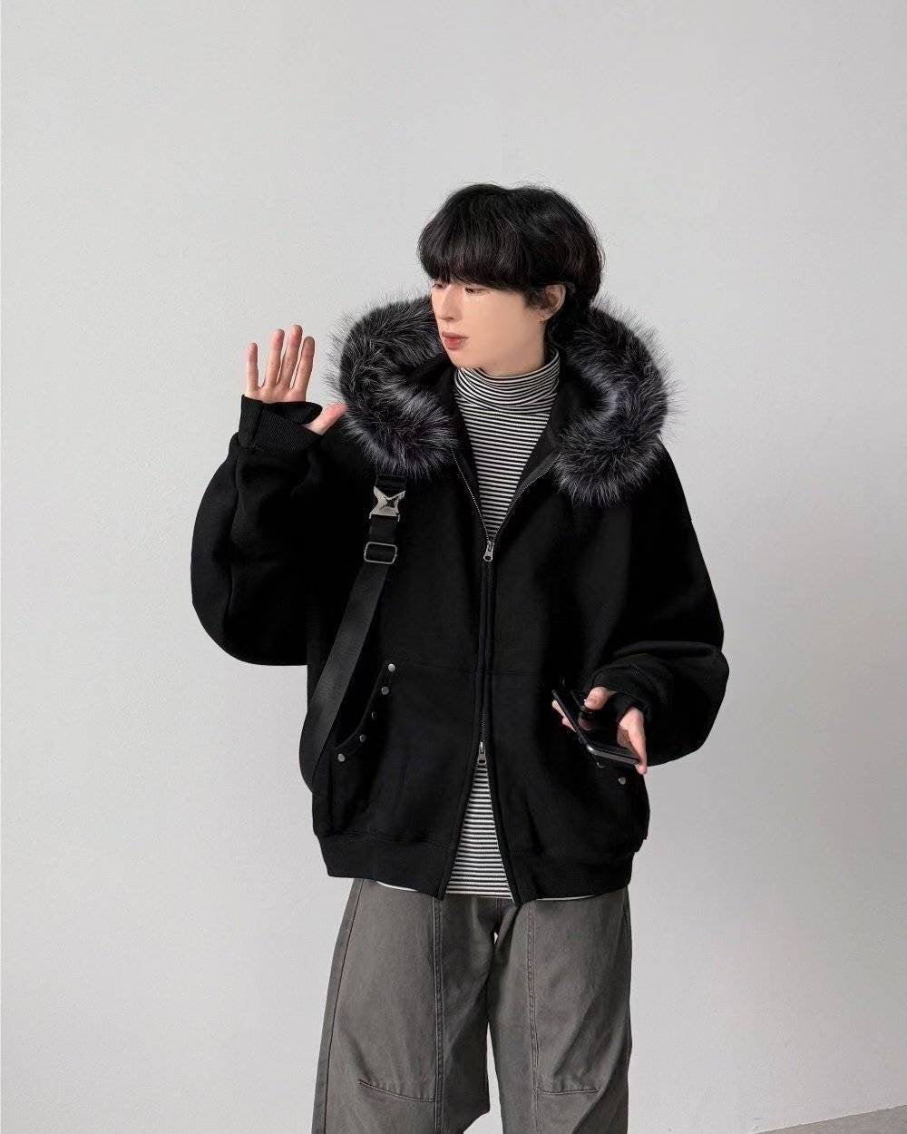 Black Faux Fur Zip Hoodie