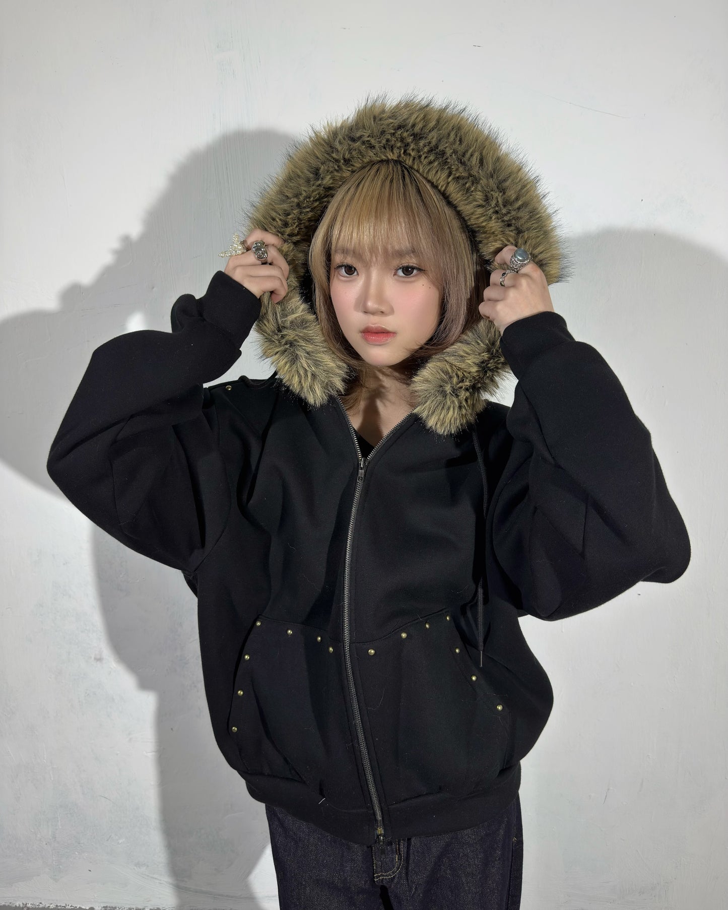Faux Fur Studs Zip Hoodie
