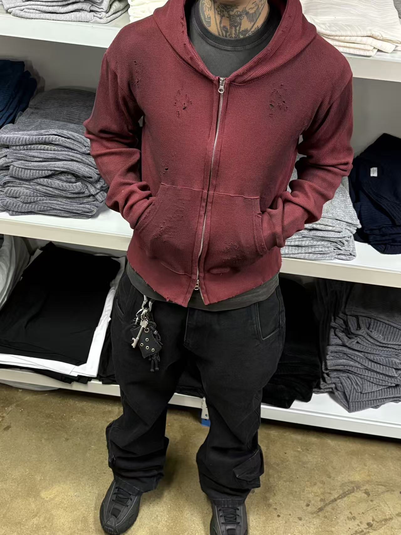 SS26 Dirty Destroy waffle Zip Hoodie